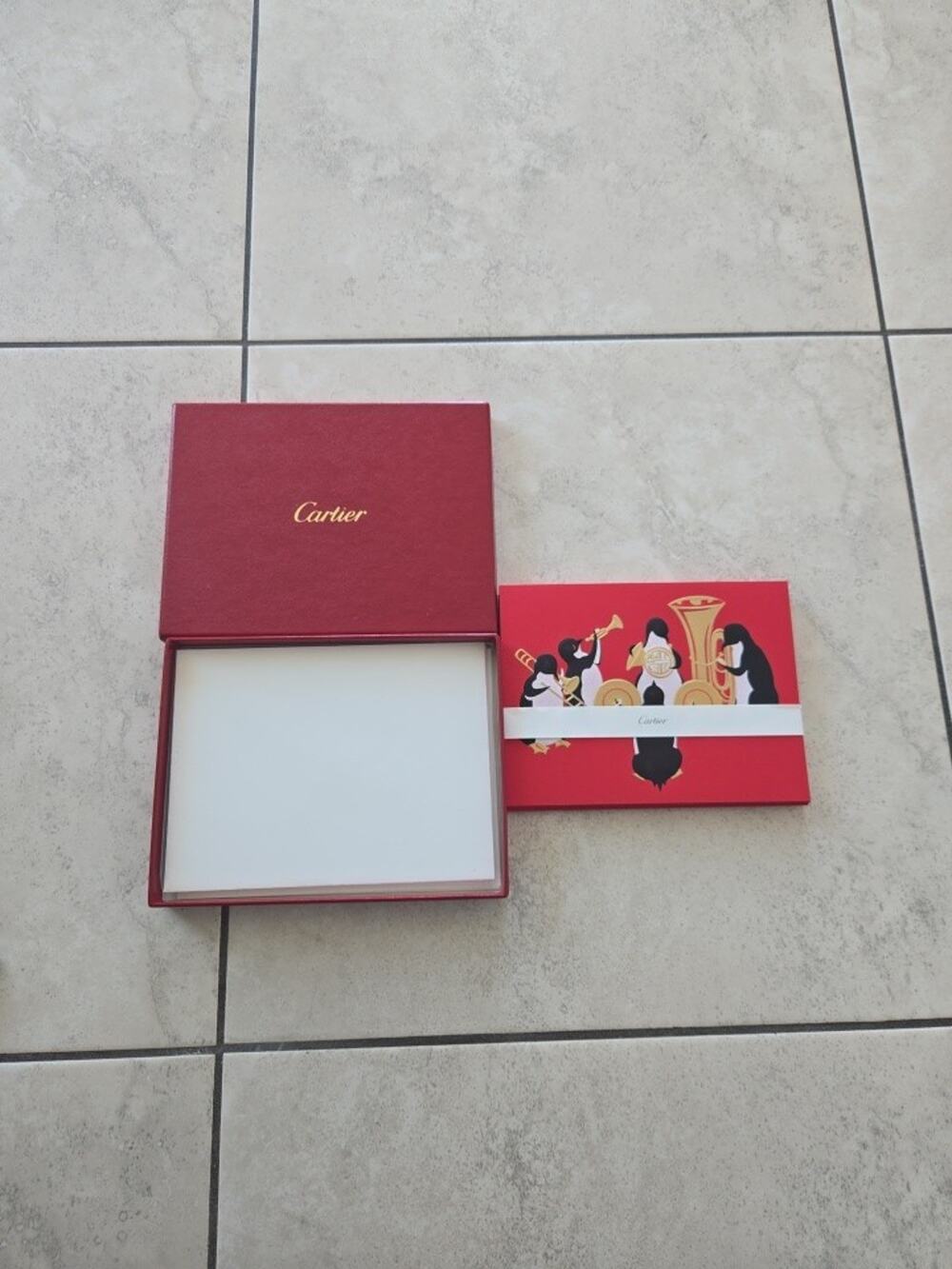 Cartier 10 Christmas Holiday Cards & Envelopes penguin brass band Ornament